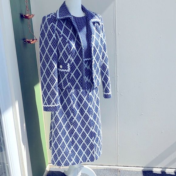 Vintage 60s 70s Navy and White Diamond Print Jacket and Dress Set - Picture 1 of 13